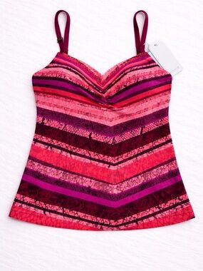Tankini Top Medium Pink Red Stripe Animal Print Adjustable Straps NWT